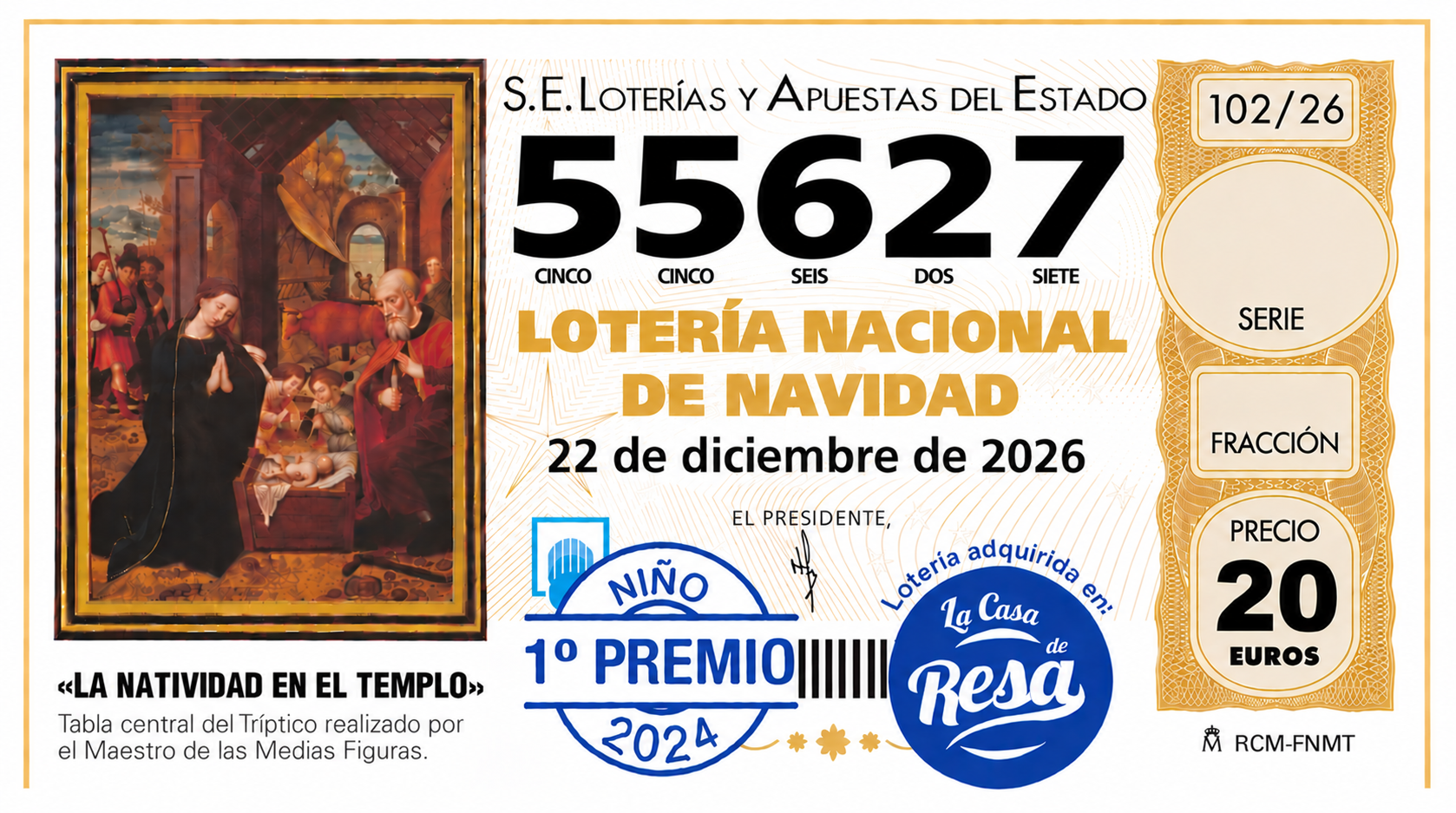 DÉCIMO LOTERÍA DE NAVIDAD NÚMERO 55627